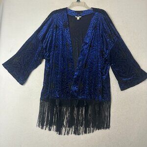 CATO Women's‎ Black Blue Velvet Burnout Fringed Kimono Cardigan sz L Boho  artsy